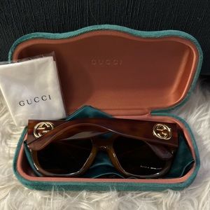 Gucci Havana Round Green Gradient Rectangular Sunglasses